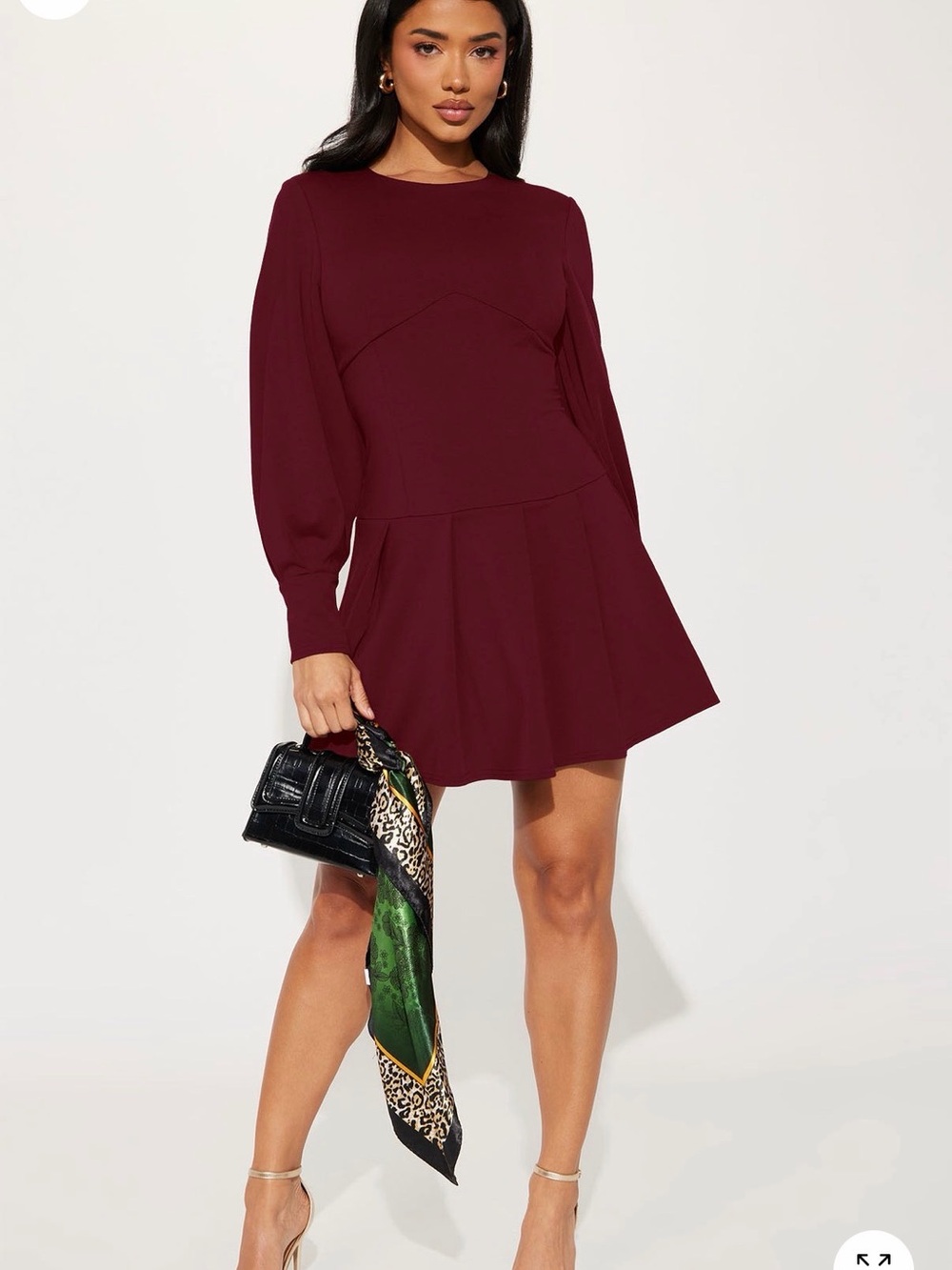 Fashion Nova Wine Long-Sleeve Fit & Flare Mini Dress